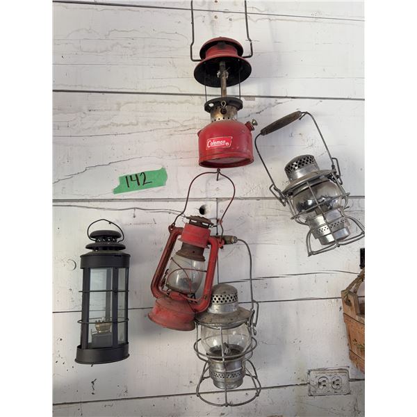 Coleman Lantern and Four Assorted Metal Lanterns