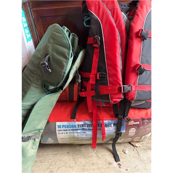 Lifejackets, Chair, and 10 Person Tent Lot