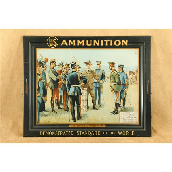 Antique 1900s Us Ammunition Bisley England 28x22 Self-framed Heavy Steel Lithograph Advertising Sign