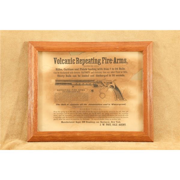 Original 1855 Volcanic Repeating Fire-arms Framed Broadside Pistol Advertisement 10x12"