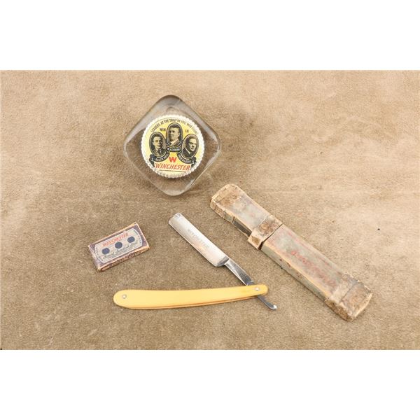 Vintage Winchester 1920s Straight Razor 8525, Boxed Gillette Style Safety Blades, And Glass Coaster
