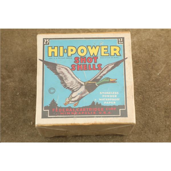 Vintage Full 2-piece Box Federal Hi-power 12 Ga. 3" #4 Mag Lead Shot Paper Hull Shotgun Shells