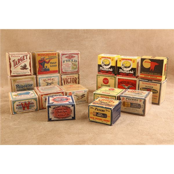 Lot Of 19 Vintage 1920s-1940s Winchester, Remington, Peters, Umc, Federal Empty Shotgun Shell Boxes