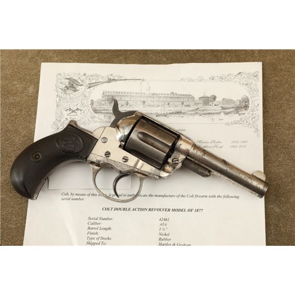 Colt Model 1877 Thunderer Nickel 3.5" Etched Panel .41 Lc Double Action Revolver, 1883 Antique