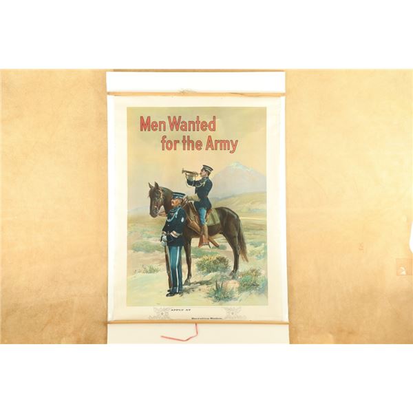 Original 1909 Us Army Recruiting Poster "men Wanted For The Army" 39"x29" Complete W/ Hanging Dowels