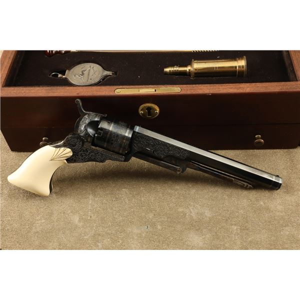 Cased, Engraved, And Inlaid Uberti 1836 Colt Texas Paterson Cap & Ball Revolver 1985 & Accessories