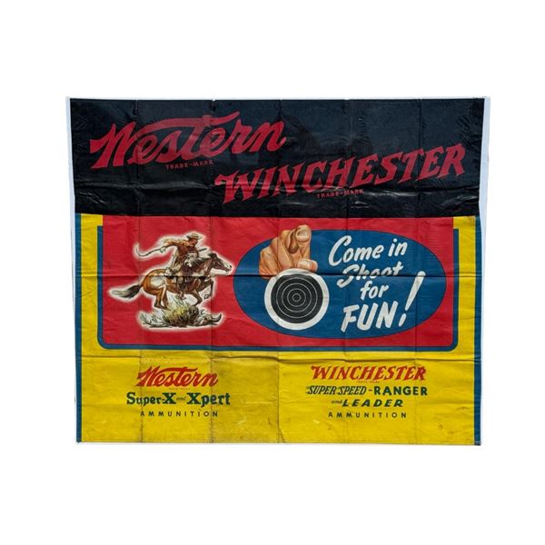 1930s Winchester Western "come In Shoot For Fun" Canvas Shooting Gallery Banner - 56.5" X 48.5"