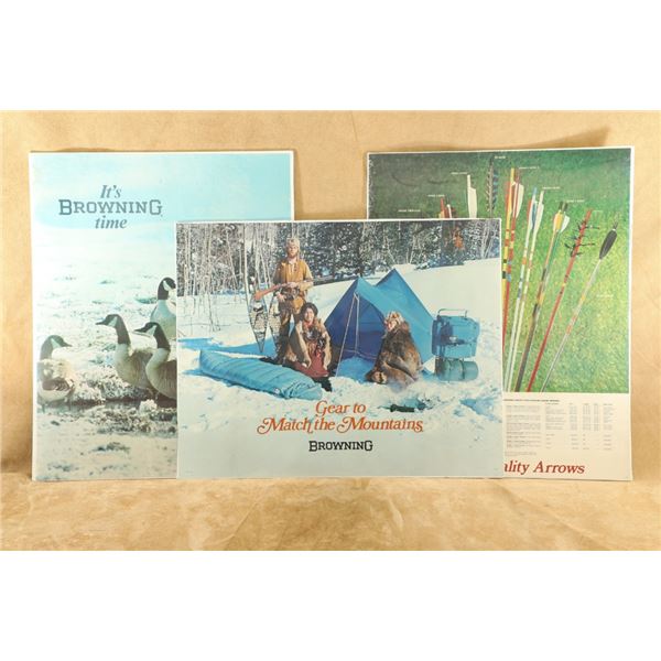 Vintage 1970s Browning 28x22 Paper Poster Lot Of 3 With Archery, Geese & Camping Graphics
