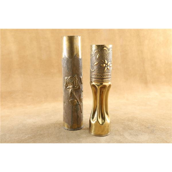 Pair Of Wwi Era 75mm Brass Artillery Shell Trench Art Vases With Floral And Peacock Motifs