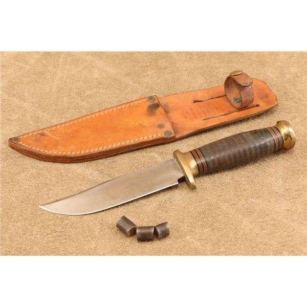 Antique Wwii Custom Frank J Richtig 5" Hand-forged Hunting Knife, Stacked Leather, Sheath, Bolt