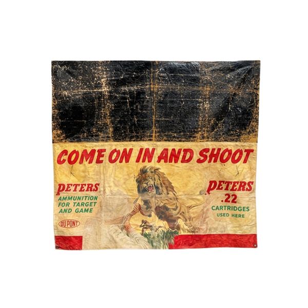 1930s Peters Ammo Dupont .22 Canvas Lion Shooting Gallery Sign Banner (53x30)