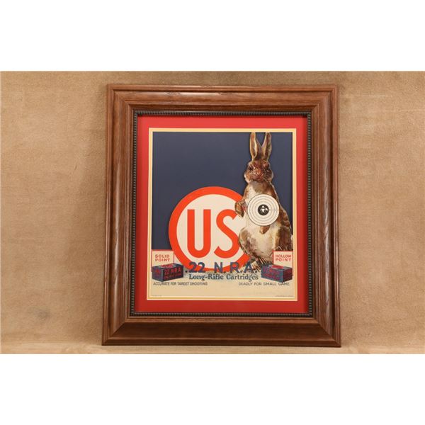 Antique 1926 Us Cartridge Co. .22 N.R.A. Die-cut Cardboard Counter Display Sign Framed 21.5x23