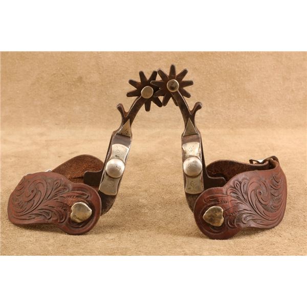 Crockett Cowboy Spurs Hand Tooled Leather Straps Cmc Buckles Western Riding Set