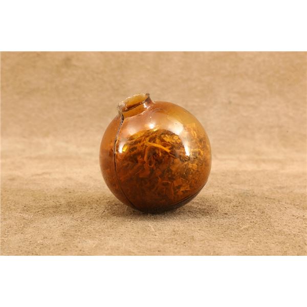 Antique 1880s Amber 2.60" Blown Glass Target Ball, 100% Intact W/ Original Factory Wood Shavings
