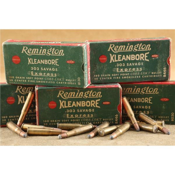 Five Vintage Boxes Of Remington Kleanbore .303 Savage Express 180 Grain Ammunition