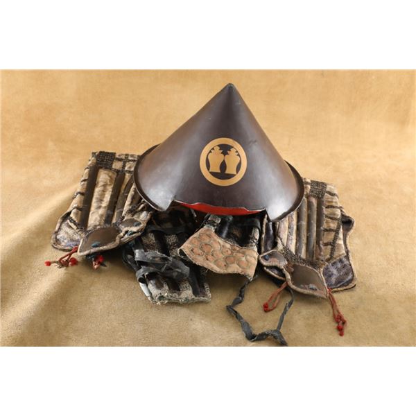 Japanese Edo Period Ashigaru Jingasa Helmet With Pair Of Suneate Greaves And Kote Sleeves