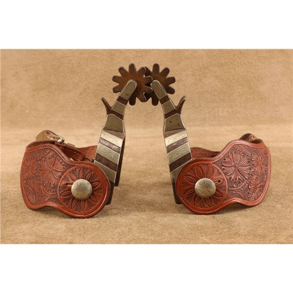 Crockett Cowboy Spurs M. Monroy Silver Buckles A.L. Pappas Tooled Straps Western Set