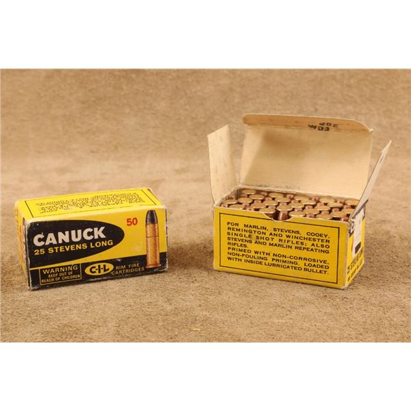 Obsolete Canuck .25 Stevens Long Rimfire Ammo. 96ct Plated 65gr Fp. 1 Full Box & 1 Box W/ 46ct.