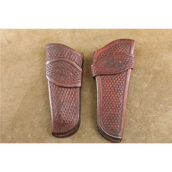 Pair Of A.W. Brill Austin, Texas Basket Weave Tooled Leather Holsters, 6" Right And 5" Left Hand Set
