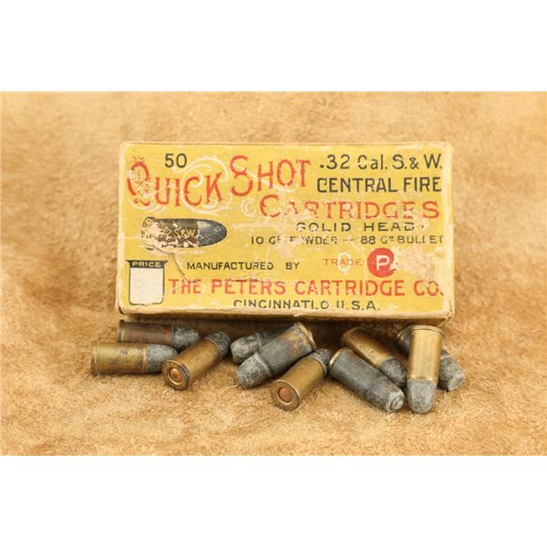 Antique 1896 Peters .32 S&w Ammunition Box & 10 Cartridges Quick Shot Powder, Q Headstamp