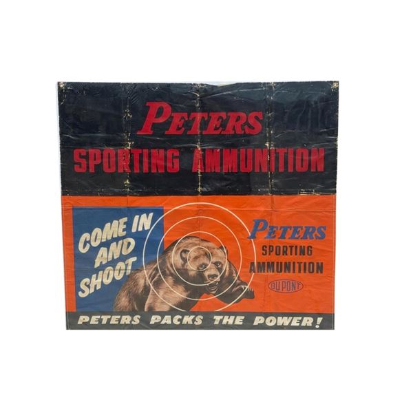 1940s Peters Sporting Ammunition Large Canvas Store Display Advertising Window Banner 54.5x49.5"