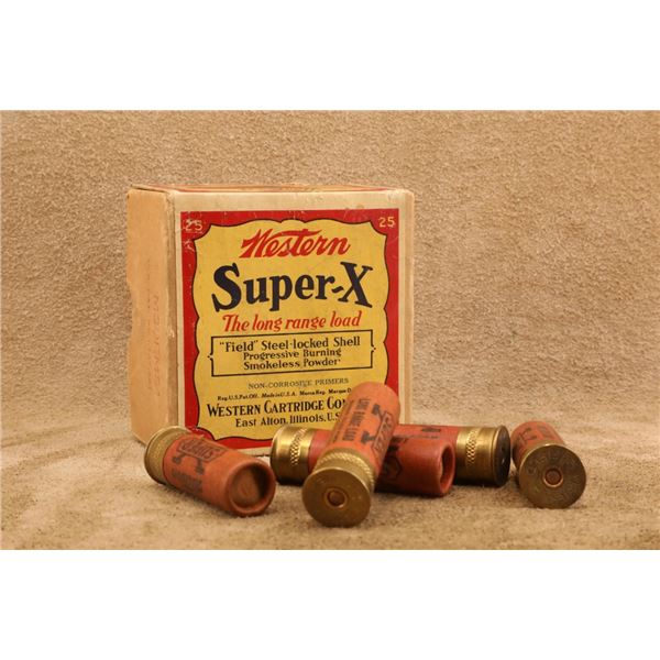 Vintage Western Super-x Field Shotgun Shell 2-piece Ammunition Box & 5x Shells