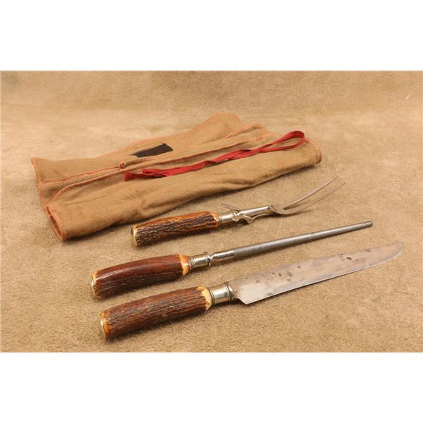 Vintage 1920s Winchester 3pc Stag Carving Set, 14" Knife, Fork W/ Guard, Sharpening Steel, Roll