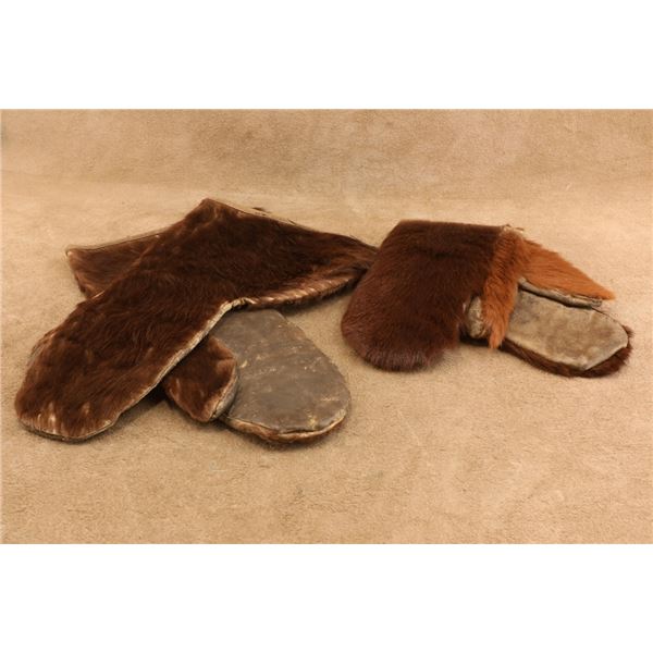 2 Pairs Antique Sleigh Driving Gauntlet Mittens Hair On Horsehide Leather Gloves Large 19th Century