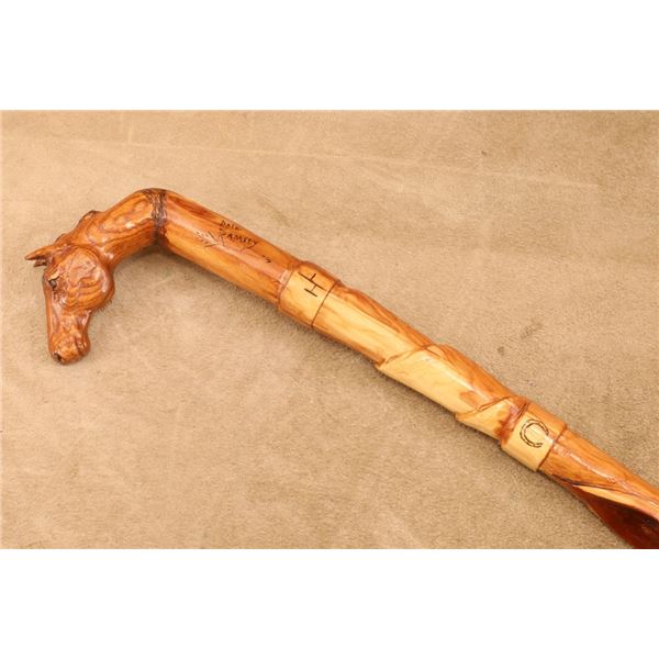 Signed Dale Ramsey Hand Carved Diamond Willow Walking Stick Cane Horse Head Handle 39" Long Folk Art