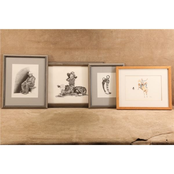 Vintage 1990s T Schleigh & B Brown Western 18x13 Pencil Watercolor & Litho Print Art Lot 4pc