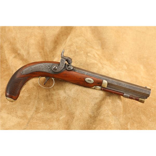 19th Century Belgian 11.6mm 7" Octagon Percussion Damascus Muzzleloading Pistol Antique