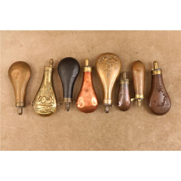 Antique & Repro Powder Flask Lot Am Flask Co Dixon Sykes Italian Navy Leather 8 Pc Set