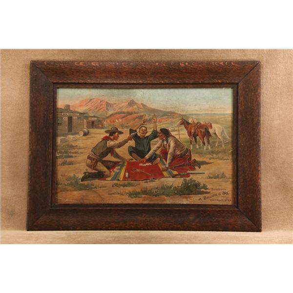 Antique 1897 F Tuchfarber A Bauer Chicago C M Russell 30.5x22.5 Whiskey Litho Advertising Sign Frame