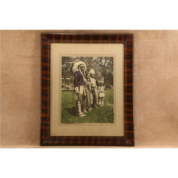 Antique 1910s Native American Hand-colored Family Portrait 19.5x23.75 Wood Faux-bois Framed Photo