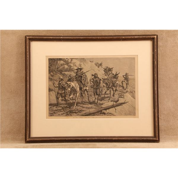 Antique 1880s Frederic Remington Pima Indians Convoying A Silver Train Framed Engraving Print