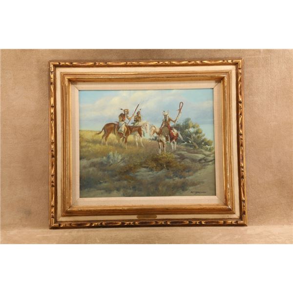 Vintage R F Morgan 27.5x24 Gilt Framed Plains Native Americans Horseback Original Oil Painting