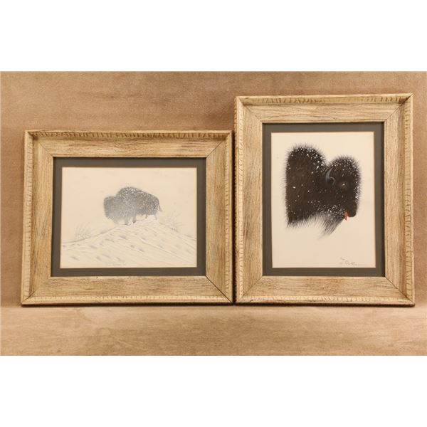 Pair Vintage 1960 Woody Big Bow 19x16 Kiowa Winter Buffalo Bison Native American Original Paintings