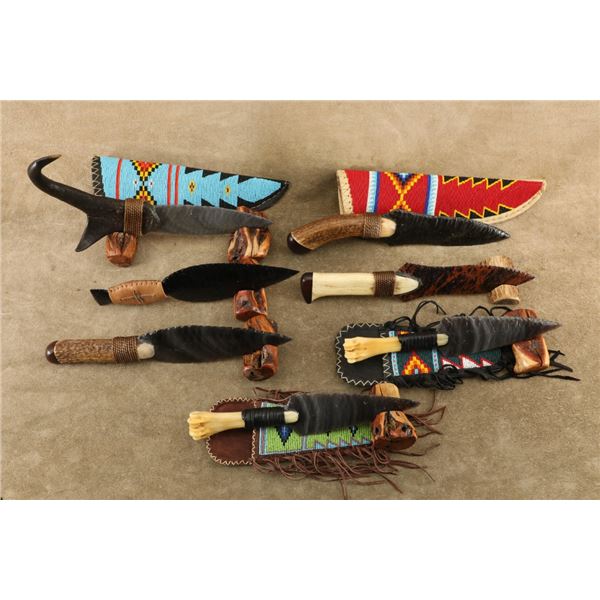 Lot Of 7 Modern Made Native American Style Custom Obsidian Knives, Beaded Sheaths, Wood Stands