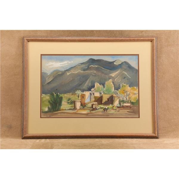 Vintage Philip House 27x20.5 Framed Adobe Pueblo Western Landscape Original Watercolor Painting