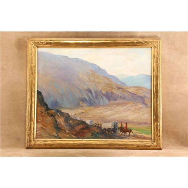 Vintage Arnold Franz Brasz 34.5x28.5 Gilt Framed Pioneer Wagon Train Western Landscape Oil Painting