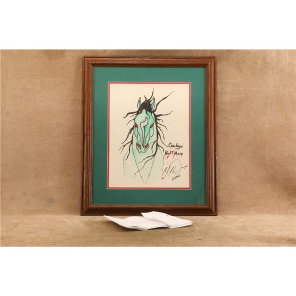 Framed Chris Ledoux Original Colored Pencil Ink Illustration Silk Scarf Cowboys Night Mare