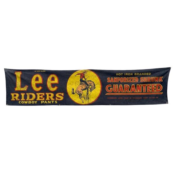 Vintage 1950s Lee Riders Cowboy 124x28 Storefront Indigo Denim Silk Screen Advertising Banner