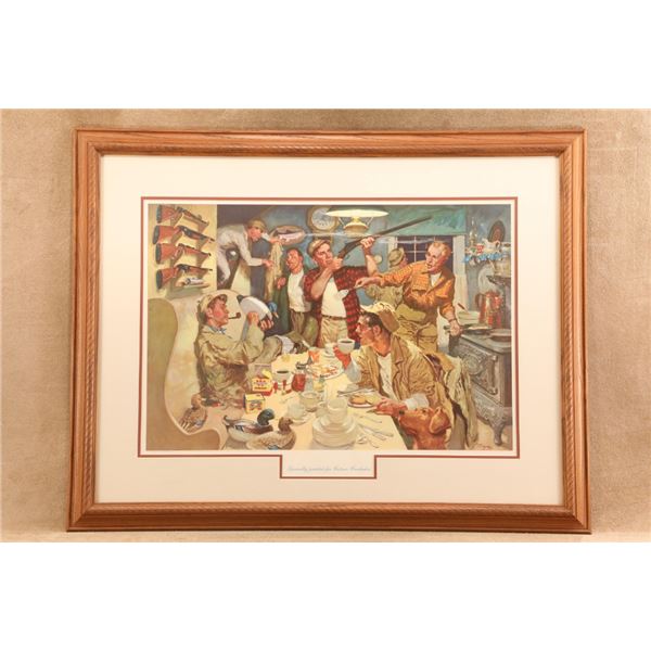 Vintage 1950s J Dwyer Winchester 32.5x25.5 Duck Camp Accident Litho Advertising Sign