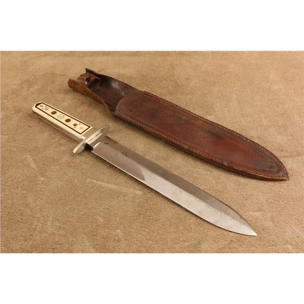 Antique, 19th C., Wostenholm Washington Works 3-line Mark, 10" Blade Bone Bowie Knife & Sheath