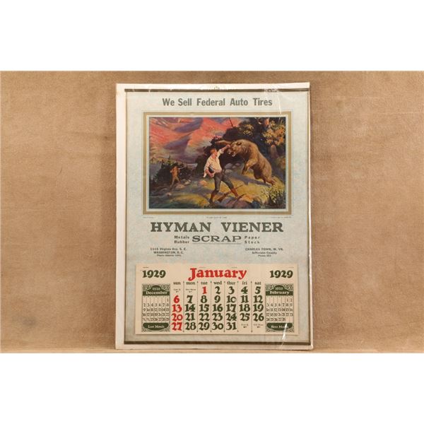 Vintage 1929 Federal Auto Tires Hyman Viener Complete 23.5x16 Calendar Sign