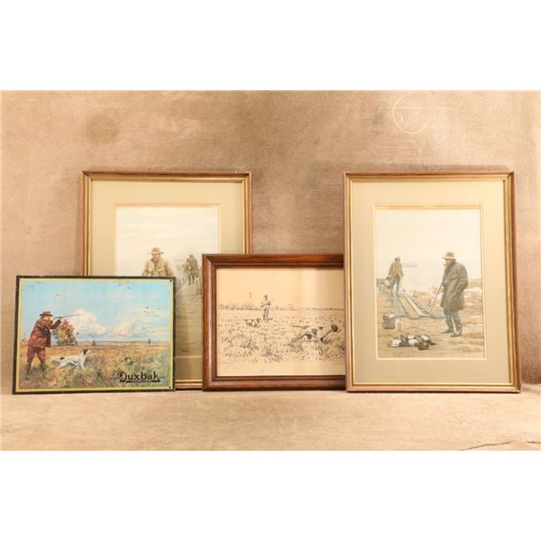 4pc Ab Frost Signed Original Ink Drawing Framed Hunting Prints & Utica Duxbak Tin Sign Art Lot