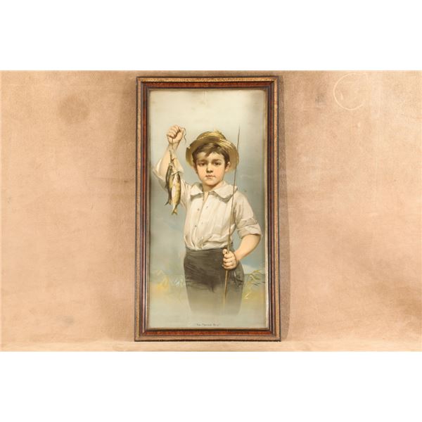 Antique 1900s The Fisher Boy Burl Walnut Style Gilt 17x30 Framed Chromolithograph Art Print