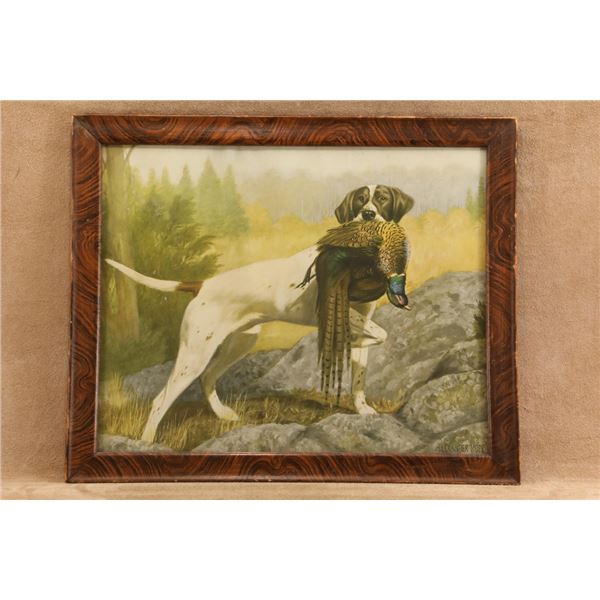 Antique 1900s Alexander Pope Pointer With Pheasant 22x18 Wood Faux-bois Framed Lithograph Print