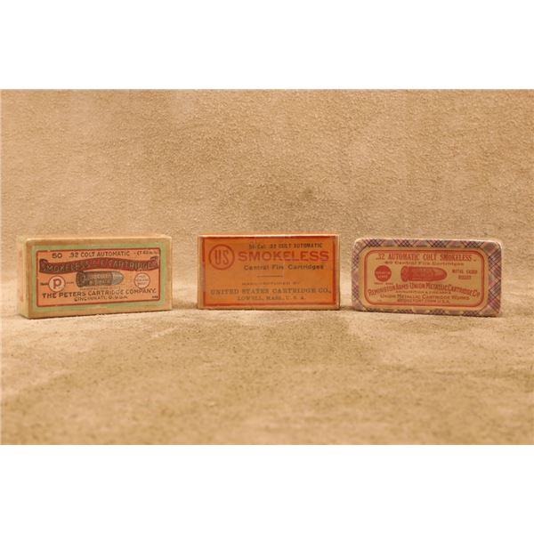 3 Boxes Vintage .32 Colt Auto Ammunition & 2-piece Boxes, Full Peters & Uscco., 40 Rds. Rem-umc