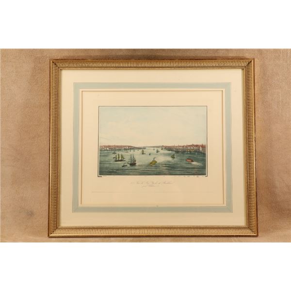 Vintage 1950s Nygs Early Us Ports 29x23 Gold Framed Maritime Lithograph Triptych Set
